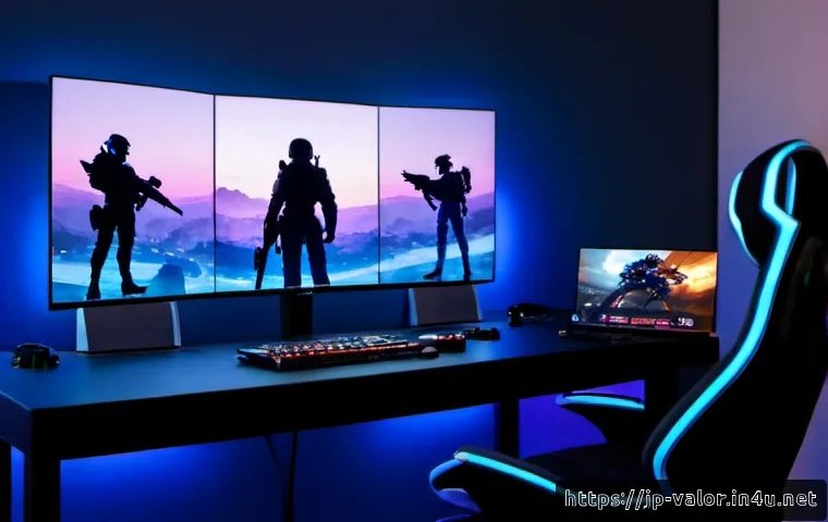 발로란트 에이전트별 추천 스킨 - Photorealistic modern Japanese gaming desk at dusk, a high-end monitor displaying a fictional colorf...