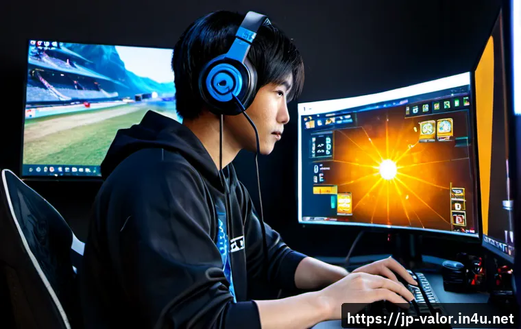 발로란트 히트박스 분석 - Photorealistic esports analysis desk, focused Japanese gamer wearing a headset studying a generic ta...