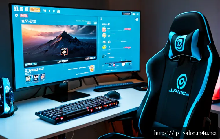 발로란트 시즌별 스킨 트렌드 - Photorealistic modern gaming desk in a Japanese apartment at dusk, widescreen monitor showing a gene...