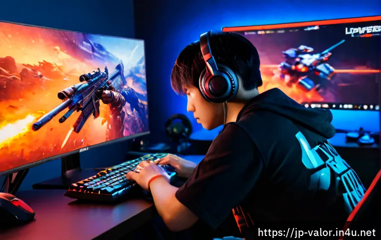 발로란트 유저가 원하는 콘텐츠 - Photorealistic esports gaming setup with a focused young adult player wearing headphones, hands on k...