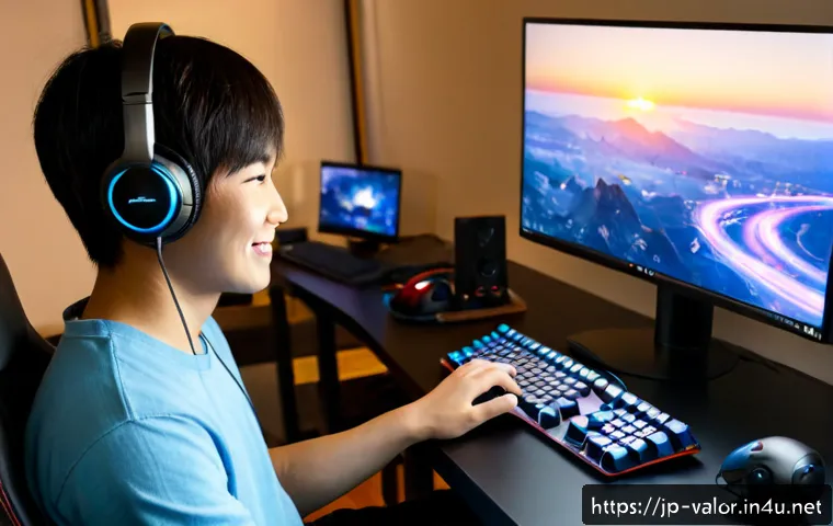 발로란트 친구 초대 및 팀 구하기 - Photorealistic Japanese young adult gamer at a clean home desk, wearing a headset and smiling while ...