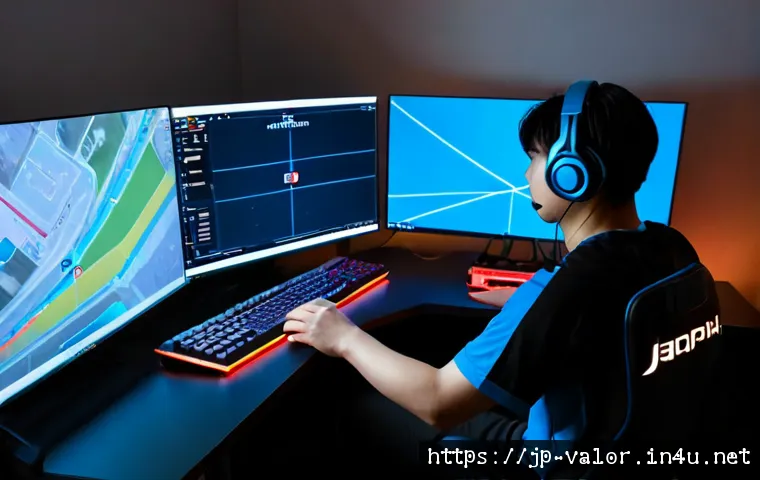 발로란트 방어 맵별 전략 - Photorealistic Japanese esports player at a clean modern gaming desk, studying a tactical three-lane...