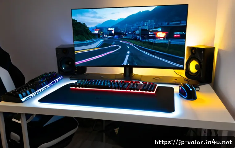 발로란트 프로 유저 세팅 공개 - Photorealistic esports professional gaming desk setup in a clean modern Japanese apartment, focused ...