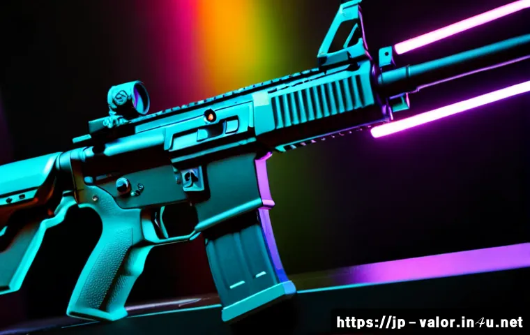 발로란트 스펙트럼 스킨 리뷰 - Photorealistic close-up of a sleek futuristic tactical rifle prop with a luminous rainbow prism fini...